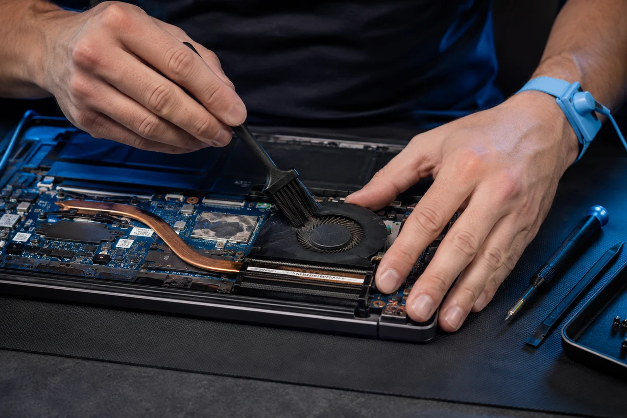 Limpeza cuidadosa do cooler de um notebook em bancada com proteção antiestática